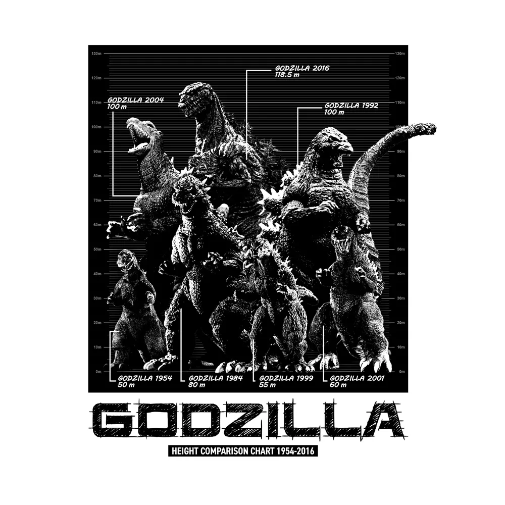 歴代ゴジラ身長比較表Tシャツ/WHITE-M 画像 2 | AniSmile