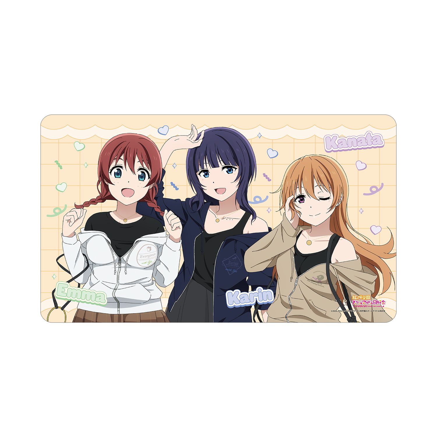 ラブライブ!虹ヶ咲学園スクールアイドル同好会 描き下ろしイラスト 朝香果林&近江彼方&エマ・ヴェルデ おそろいコーデver. マルチデスクマット - 公式商品画像 | AniSmile