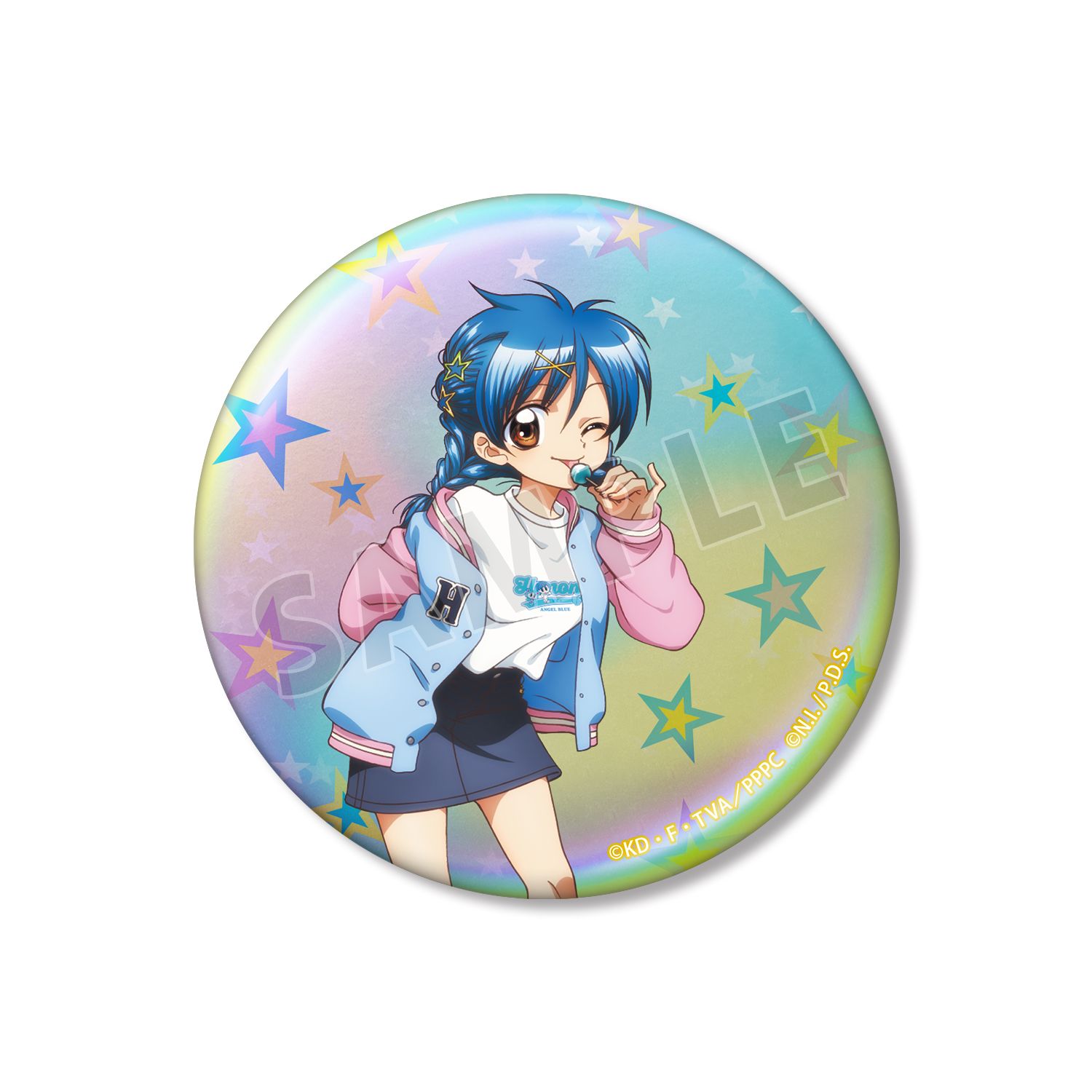アニメ「ぴちぴちピッチ」 ANGEL BLUEコラボ 描き下ろし 宝生 波音 75mmオーロラ缶バッジ ver.B - 公式商品画像 | AniSmile