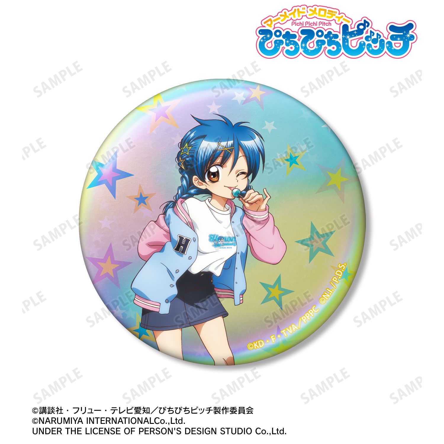 アニメ「ぴちぴちピッチ」 ANGEL BLUEコラボ 描き下ろし 宝生 波音 75mmオーロラ缶バッジ ver.B 画像 3 | AniSmile