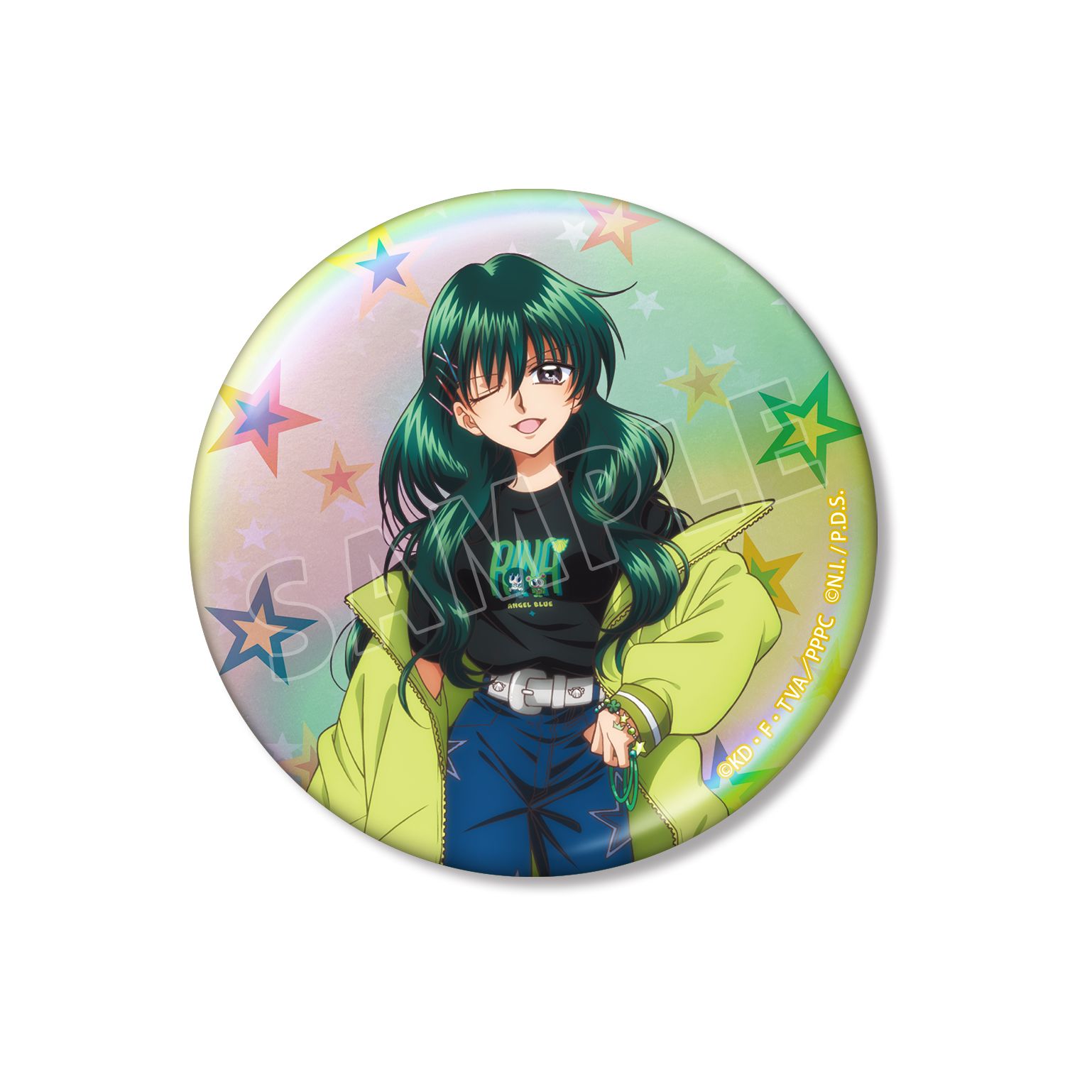 アニメ「ぴちぴちピッチ」 ANGEL BLUEコラボ 描き下ろし 洞院 リナ 75mmオーロラ缶バッジ ver.B - 公式商品画像 | AniSmile