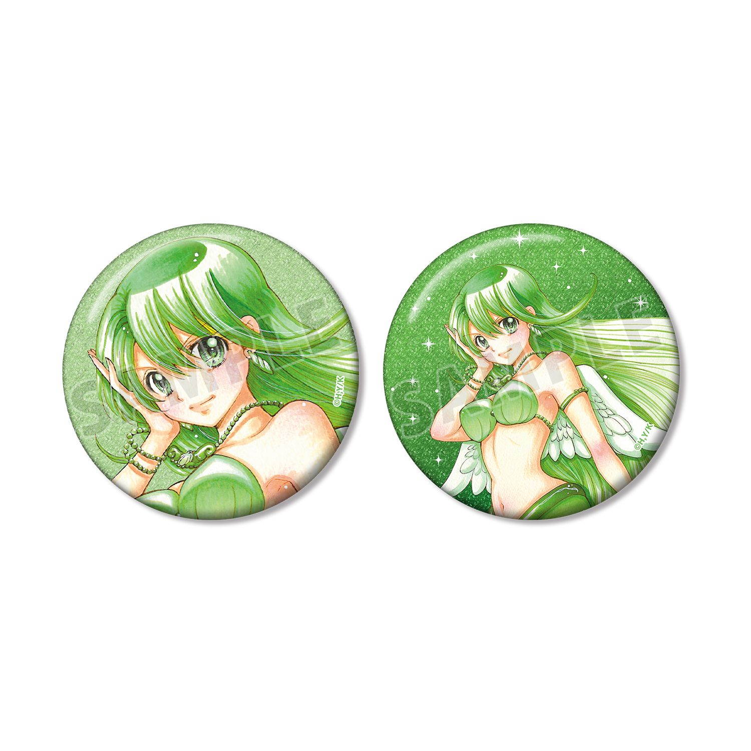ぴちぴちピッチ 花森ぴんく先生 描き下ろし リナ 羽を纏ったマーメイドver. グリッター缶バッジ 2個セット 画像 6 | AniSmile