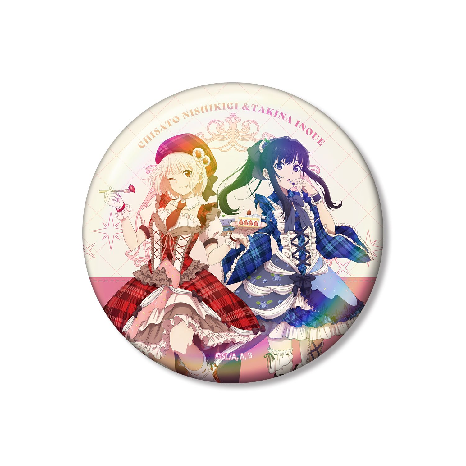 TVアニメ「リコリス・リコイル」 描き下ろし 錦木千束&井ノ上たきな スイーツ衣装ver. 75mmオーロラ缶バッジ 画像 2 | AniSmile