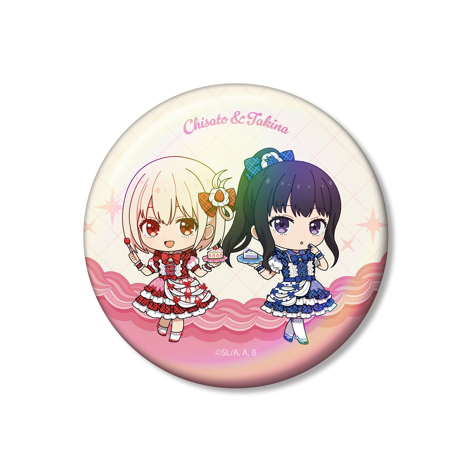 TVアニメ「リコリス・リコイル」 錦木千束&井ノ上たきな ちびキャラ スイーツ衣装ver. 75mmオーロラ缶バッジ - AniSmile