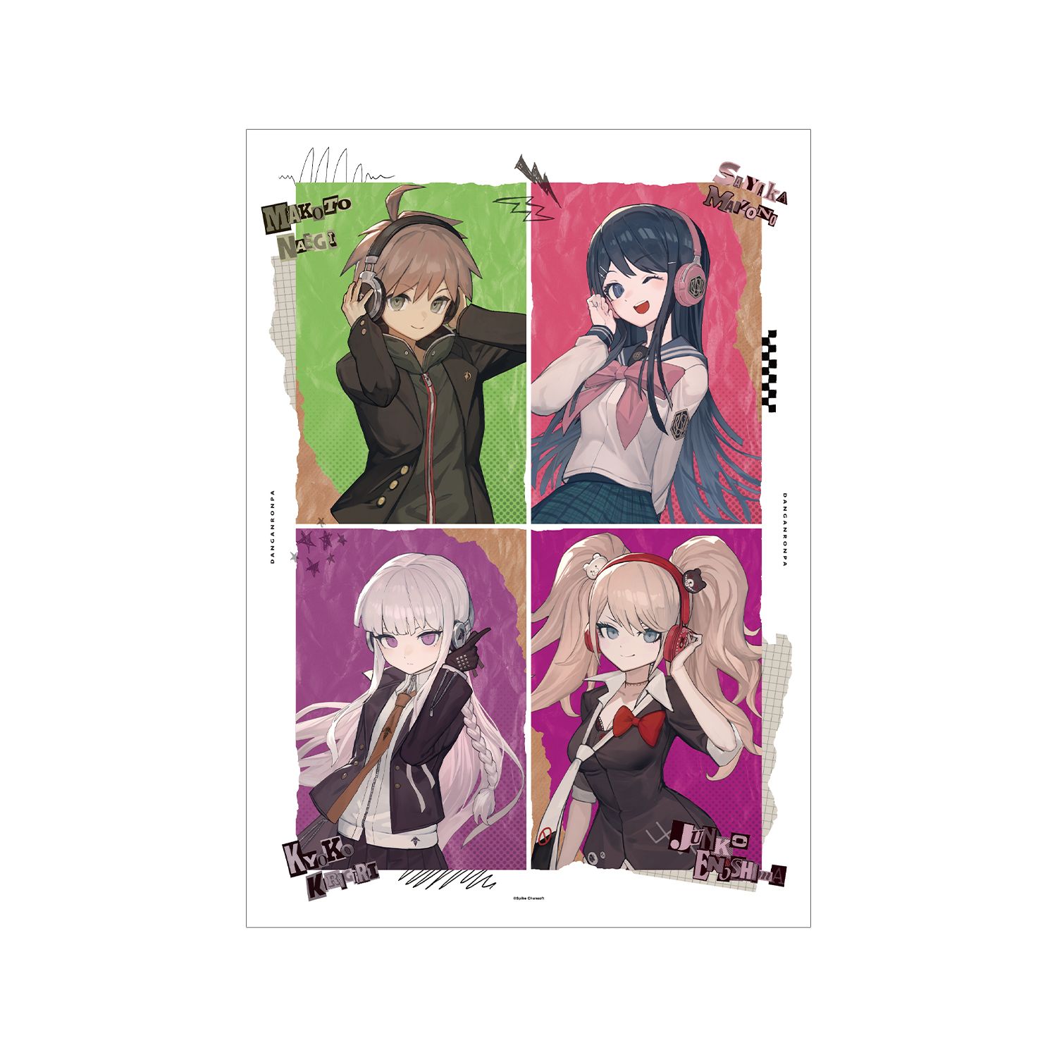 ダンガンロンパシリーズ lackさんイラスト 苗木 誠&舞園 さやか&霧切 響子&江ノ島 盾子 ヘッドフォンver. A3マット加工ポスター 图片 3 | AniSmile