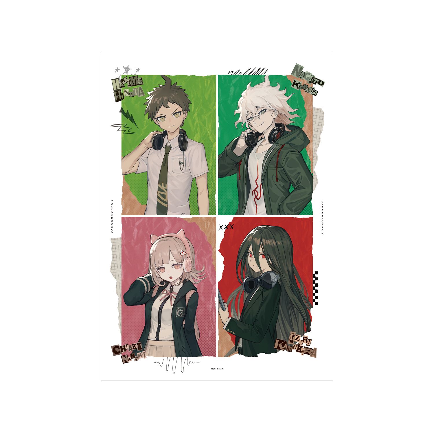 ダンガンロンパシリーズ lackさんイラスト 日向 創&狛枝 凪斗&七海 千秋&カムクラ イズル ヘッドフォンver. A3マット加工ポスター 图片 3 | AniSmile