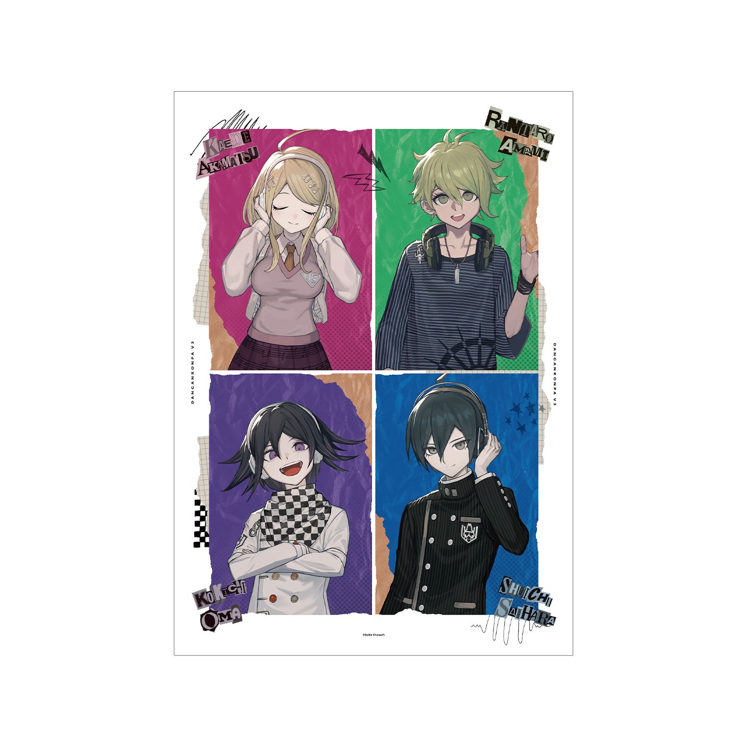 ダンガンロンパシリーズ lackさんイラスト 赤松 楓&天海 蘭太郎&王馬 小吉&最原 終一 ヘッドフォンver. A3マット加工ポスター 图片 3 | AniSmile